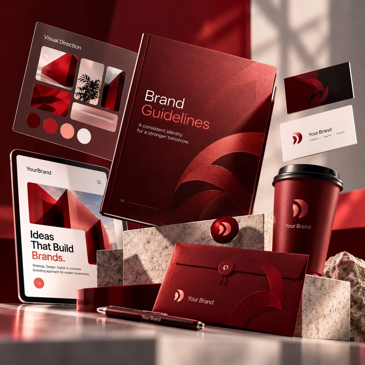 Brand guidelines, packaging, stationery and identity designs